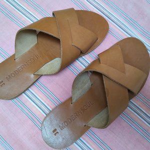Tan leather slides